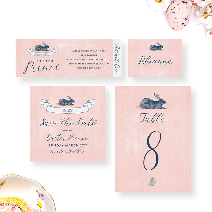 Easter Picnic Bunny Invitation Card, Easter Egg Hunt Party, Rabbit Themed Invites, Spring Birthday Party Invites with Bunny Illustration