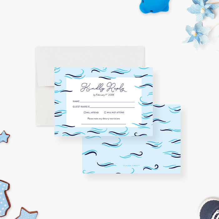 Blue Whale Invitation Card for Baby Shower, Cute Invitation for Kids Birthday Party, Nautical Baby Invites with Waves