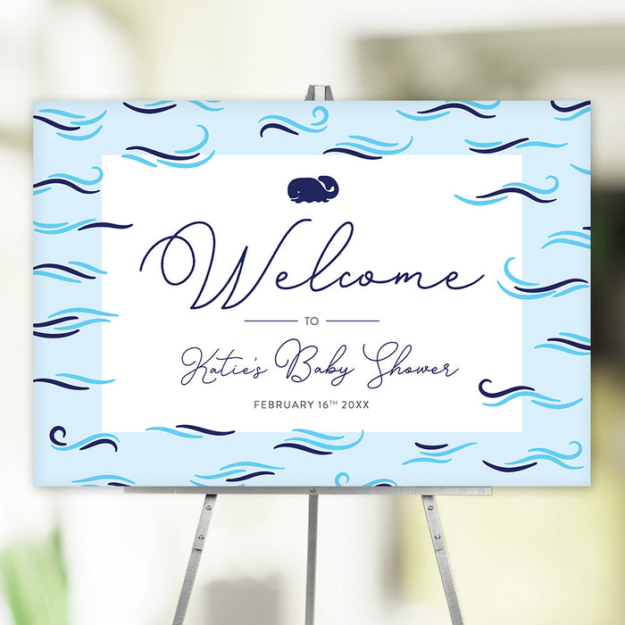Blue Whale Invitation Card for Baby Shower, Cute Invitation for Kids Birthday Party, Nautical Baby Invites with Waves