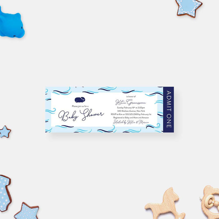 Blue Whale Ticket Invitation for Baby Shower, Under the Sea Ticket Card, Kids Birthday Ticket Pass with Ocean Waves, Sea Ticket Invites