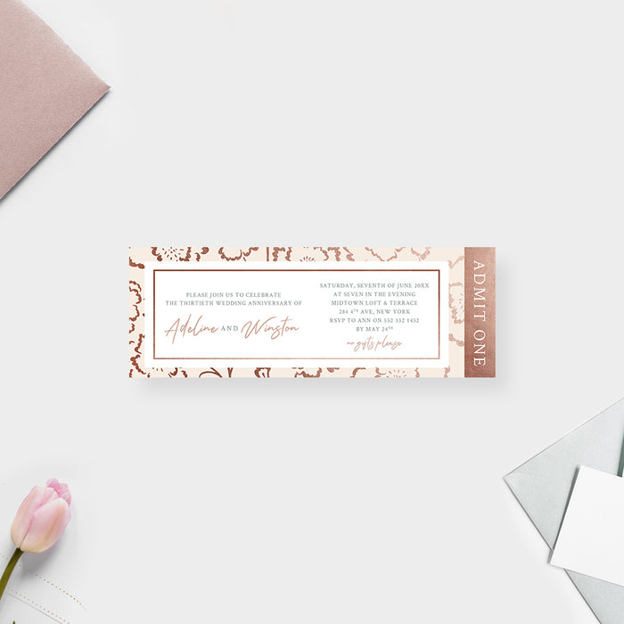 Wedding Anniversary Ticket Invitation with Floral Pattern, Spring Ticket Invites for Engagement Party, Wedding Ticket Card with Flower Illustrations