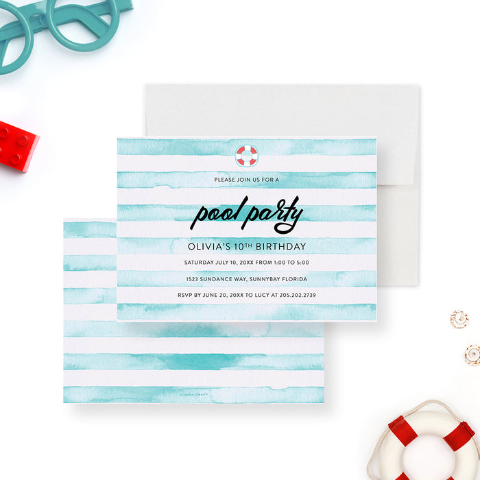 Pool Birthday Party Invitation Card, Summer Pool Bday Party Invites for Girls and Boys, Swimming Party Invitation for 7th 8th 9th 10th 11th 12th Birthday Celebration