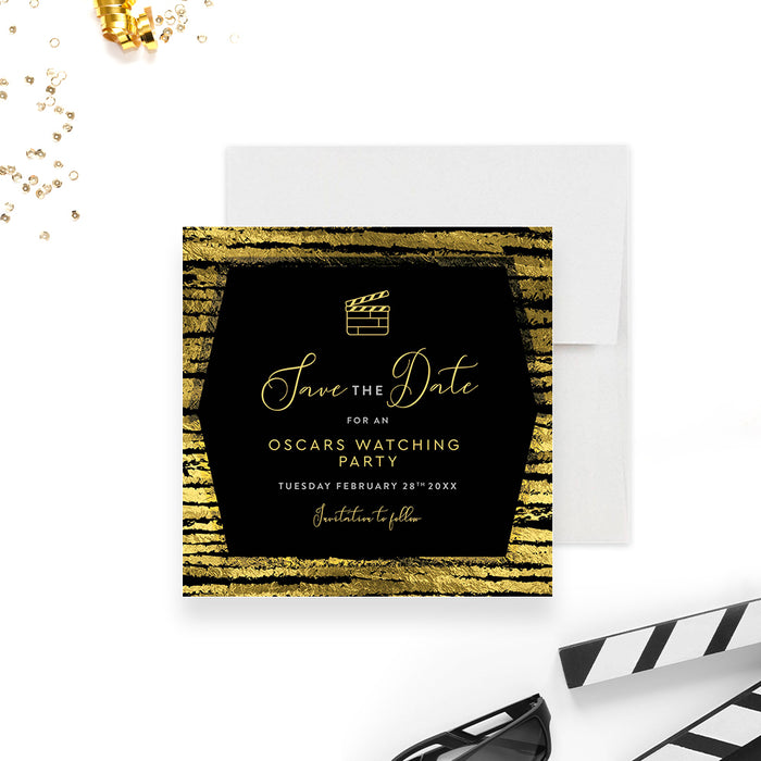 Black and Gold Save the Date Card for Oscars Watching Party, Elegant Save the Date for Awards Viewing Celebration, Movie Night Save the Dates