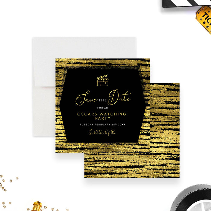 Black and Gold Save the Date Card for Oscars Watching Party, Elegant Save the Date for Awards Viewing Celebration, Movie Night Save the Dates