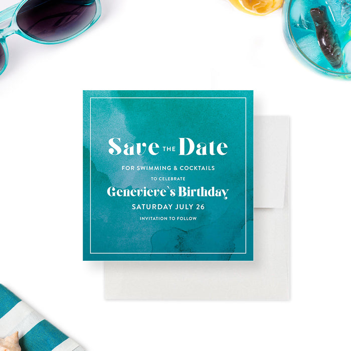 Save the Date Card for Swimming and Cocktail Birthday Party with Blue Watercolor Design, Modern Save the Date for Summer Pool Party Bash