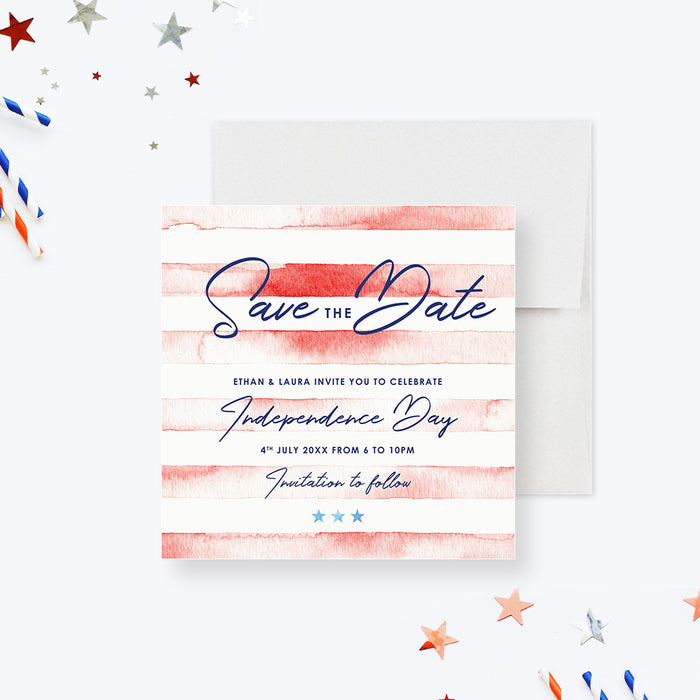 Watercolor Save the Date Card for Independence Day with Red Stripes, Save the Dates for 4th of July Celebration, Patriotic Backyard Party Save the Dates
