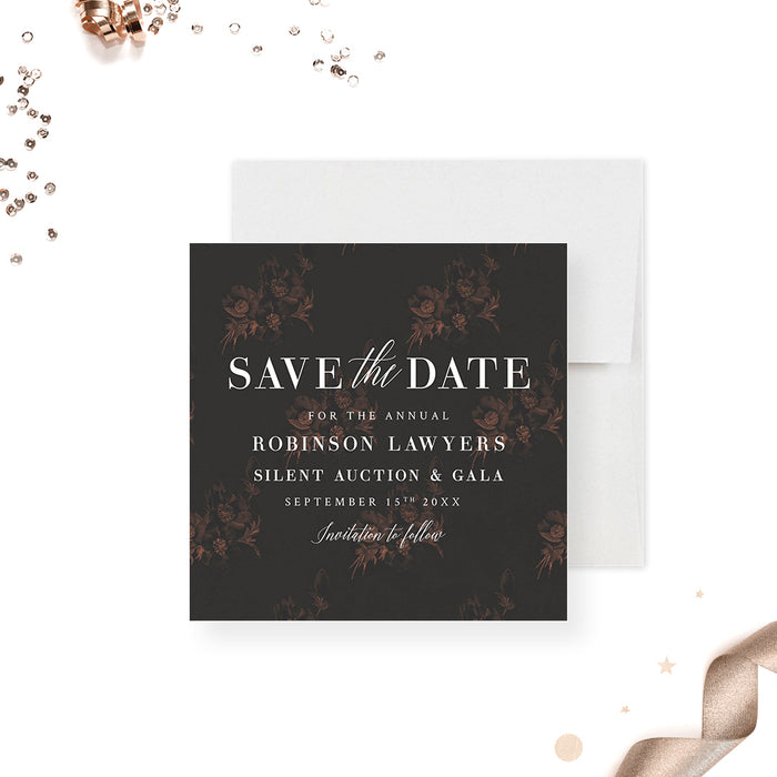 Elegant Save the Date Card for Silent Auction Party, Business Gala Celebration Save the Date, Non Profit Party Save the Date with Dark Floral Design