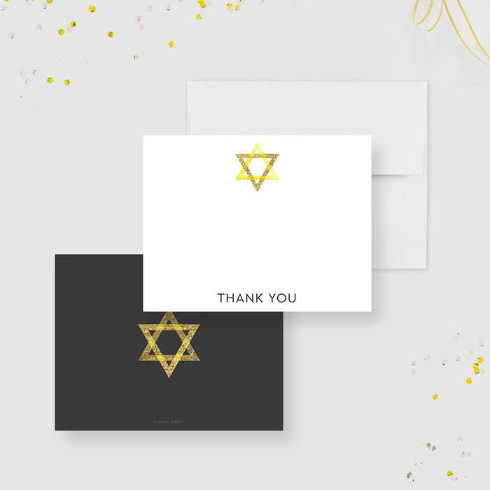 Black and Gold Bat Mitzvah Thank You Cards, Elegant Jewish Note Card, Custom Jewish Thank You Cards with Star of David
