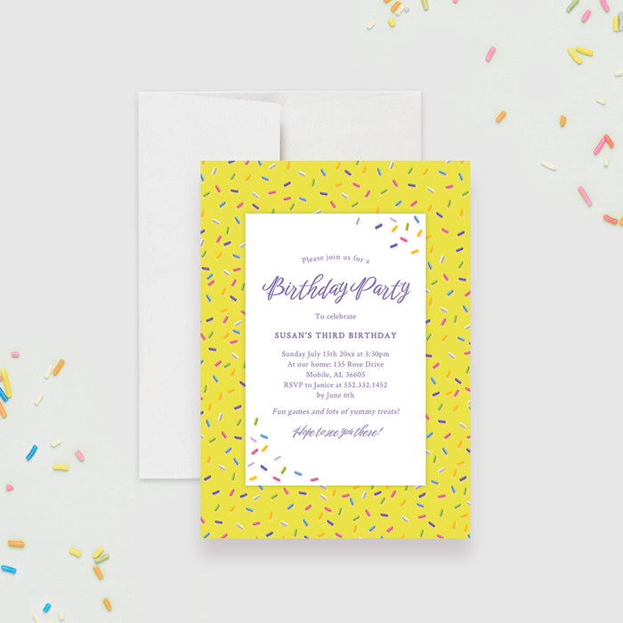 Sweeten Up Your Day, Kids Birthday Party Invitation with Colorful Sprinkles Digital Template