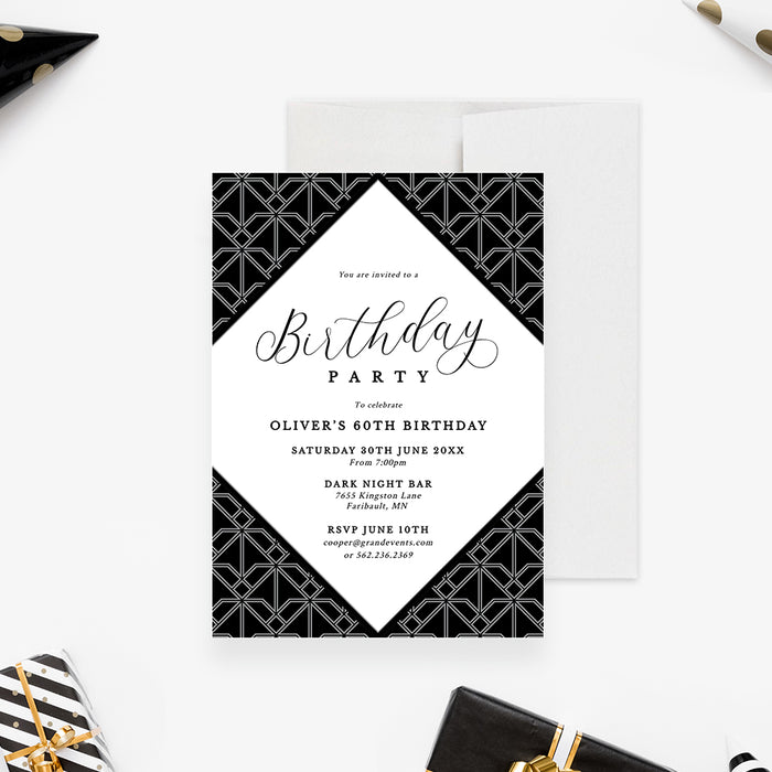 Black Tie Affair Digital Party Invitation for Adult Birthday with Geometric Abstract Design