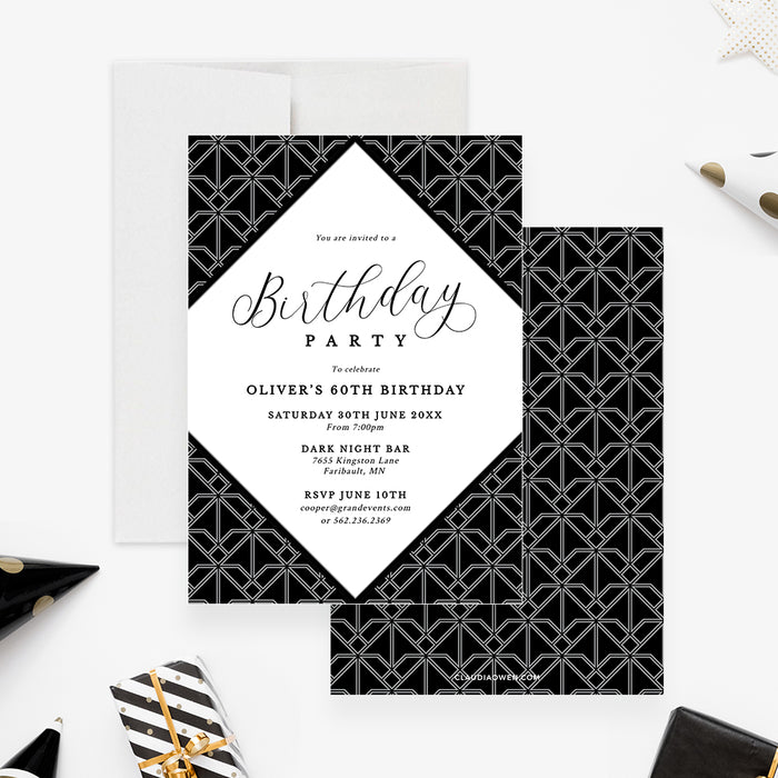 Black Tie Affair Digital Party Invitation for Adult Birthday with Geometric Abstract Design