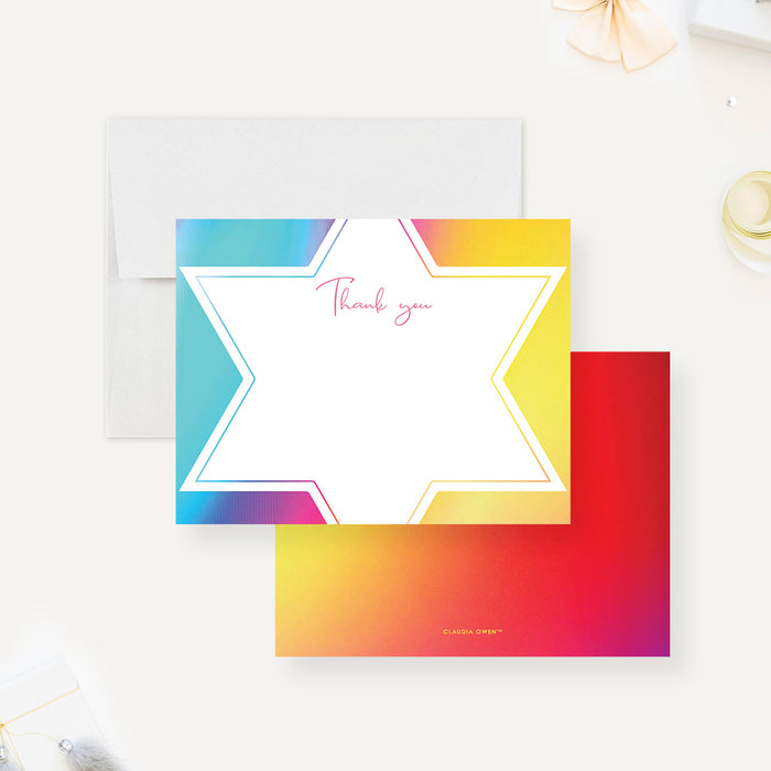 Colorful Thank You Card for Bat Mitzvah, Jewish Note Card, Star of David Thank You Card, Religious Party Thank You Notes