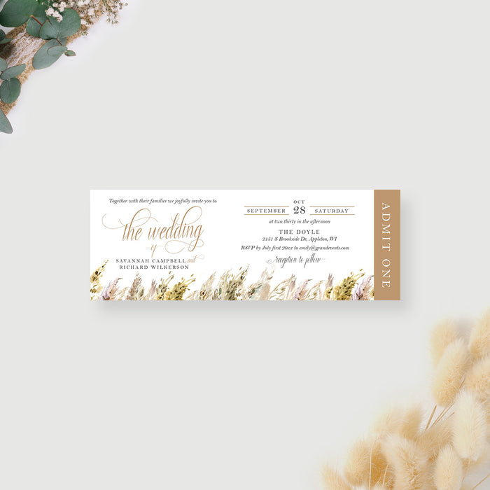 Wedding Ticket Card with Pampas Grass, Boho Wedding Ticket Invitation with Watercolor Grass Illustrations, Country Chic Wedding Ticket Invites, Bohemian Wedding Ticket