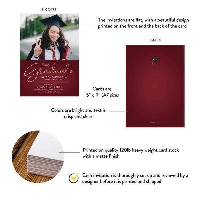 Burgundy Invitation Card for Graduation Party with Photo, Grad Party Invitation, Elegant Invites for Graduation