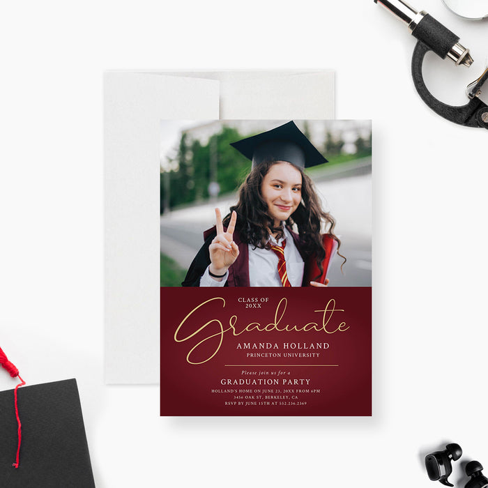 Burgundy Invitation Card for Graduation Party with Photo, Grad Party Invitation, Elegant Invites for Graduation