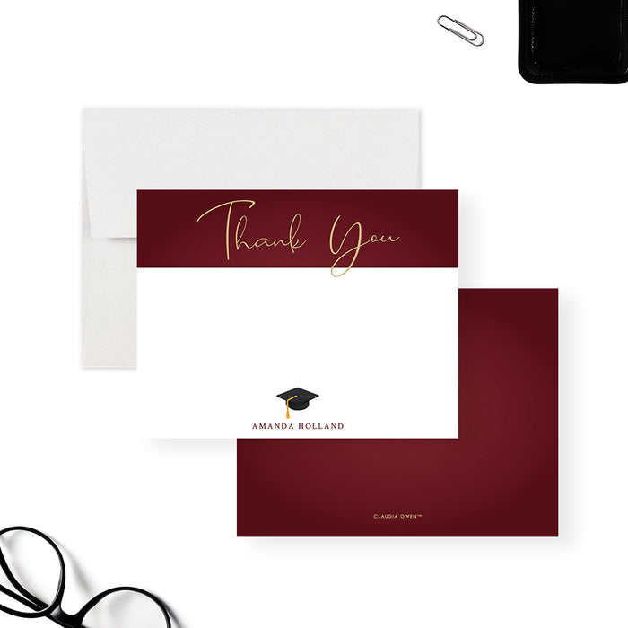Burgundy University Graduation Thank You Card, High School Graduation Note Card, College Grad Thank You Card with Graduate Hat, Custom Gift for Student