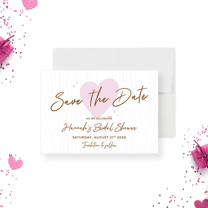 Cute Save the Date Card for Bridal Shower with Pink Hearts, Bride To Be Save the Dates, Romantic Save the Date Card