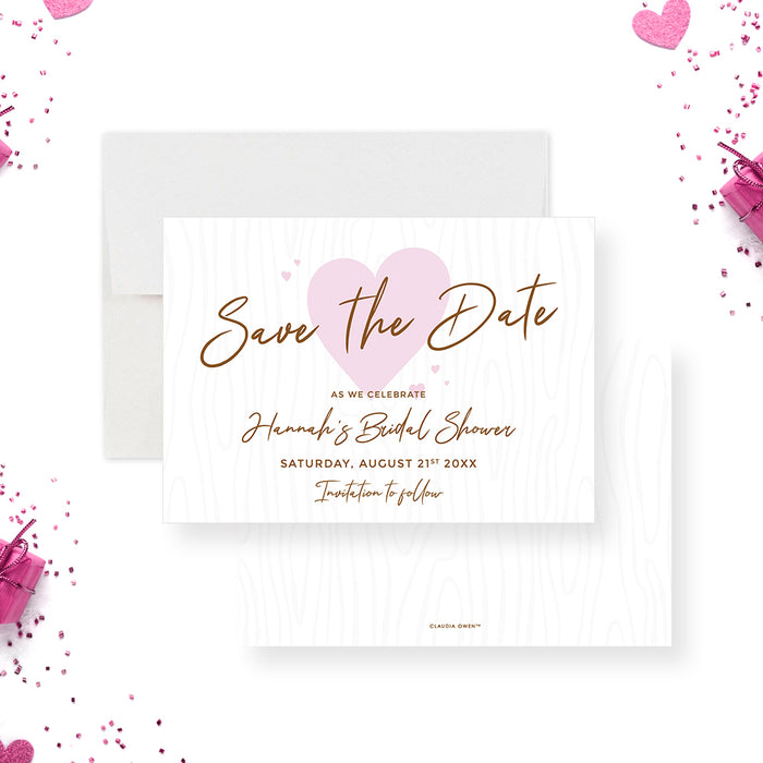 Cute Save the Date Card for Bridal Shower with Pink Hearts, Bride To Be Save the Dates, Romantic Save the Date Card