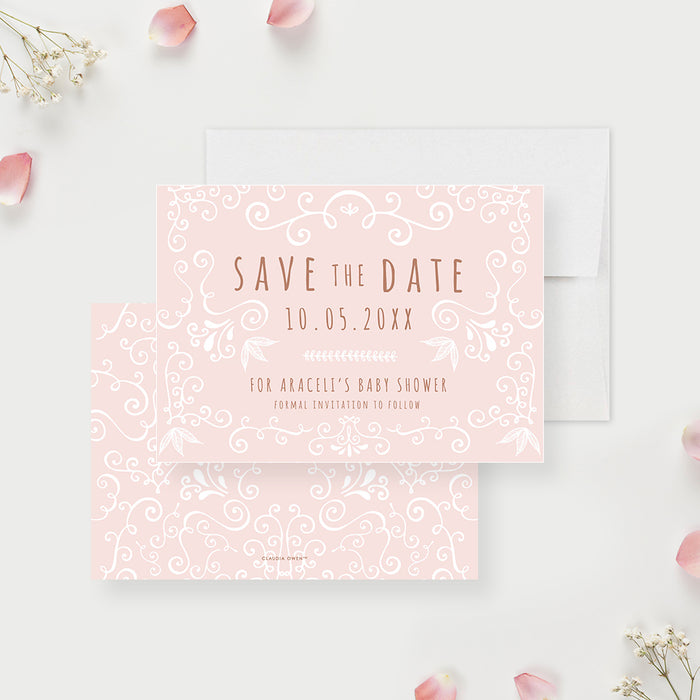 Bohemian Baby Shower Save the Date Card with Hand Drawn Pattern in Light Pink, Country Chic Baby Shower Save the Date, Rustic Baby Shower Reminder Card