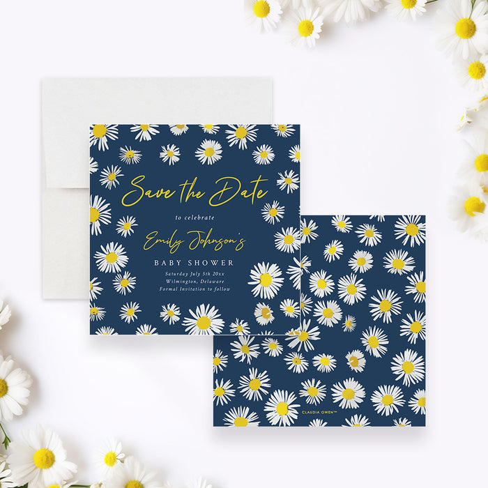 Spring Save the Date Card for Baby Shower with Daisy Flowers, Bohemian Baby Arrival Celebration Save the Dates, Baby in Bloom Floral Baby Shower Save the Date