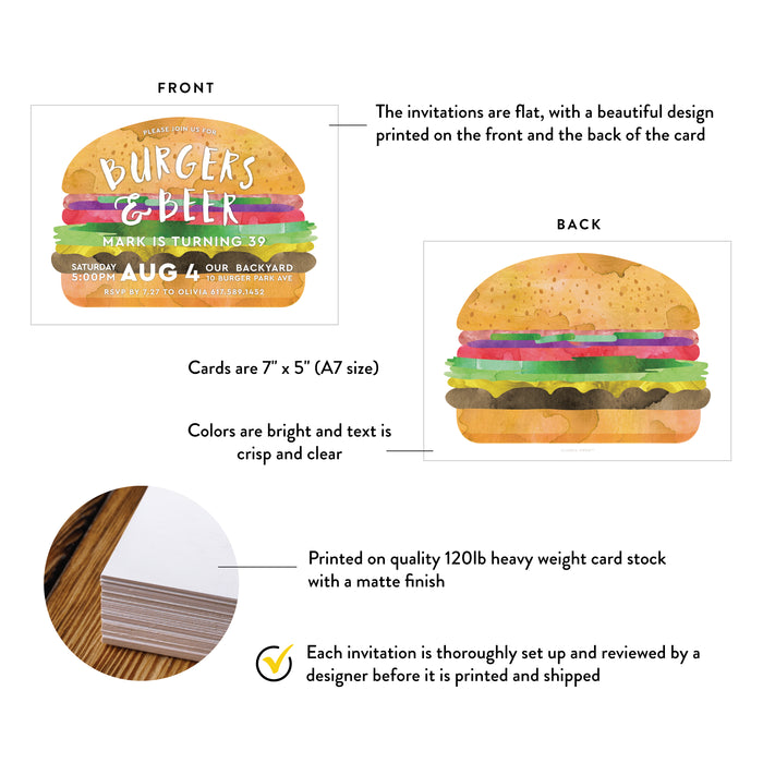 Burgers and Beer Invitation Card for Birthday Party, Hamburger Birthday Party Invitations, Cookout Party Invites