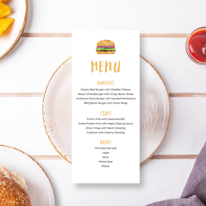 a menu with a burger on it 