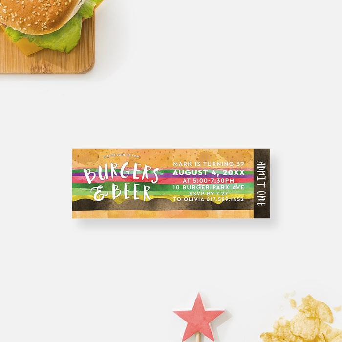 a ticket invitation with a burger on it 