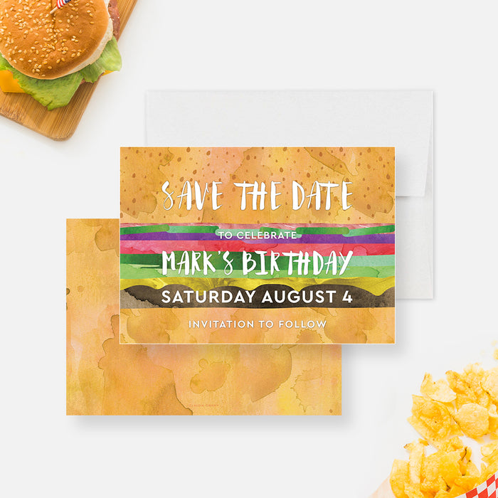a hamburger save the date card