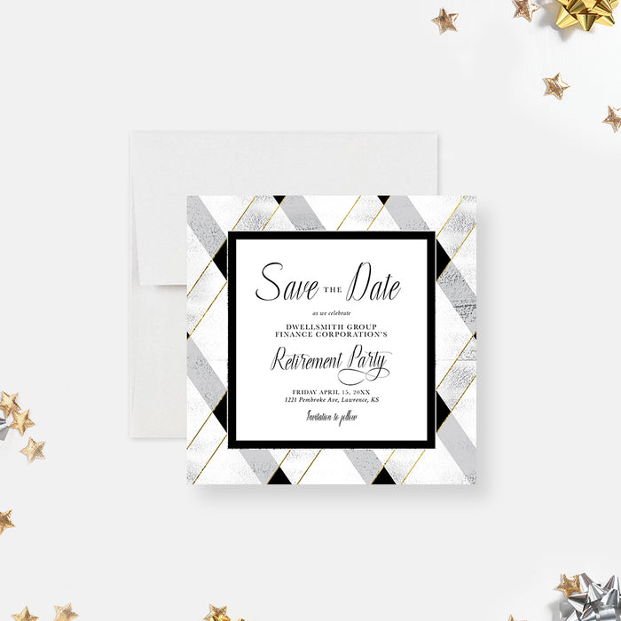 Retirement Save the Date Card with Plaid Pattern in Silver Gold and Black, Farewell Party Save the Dates, Retirement Luncheon Save the Date Card