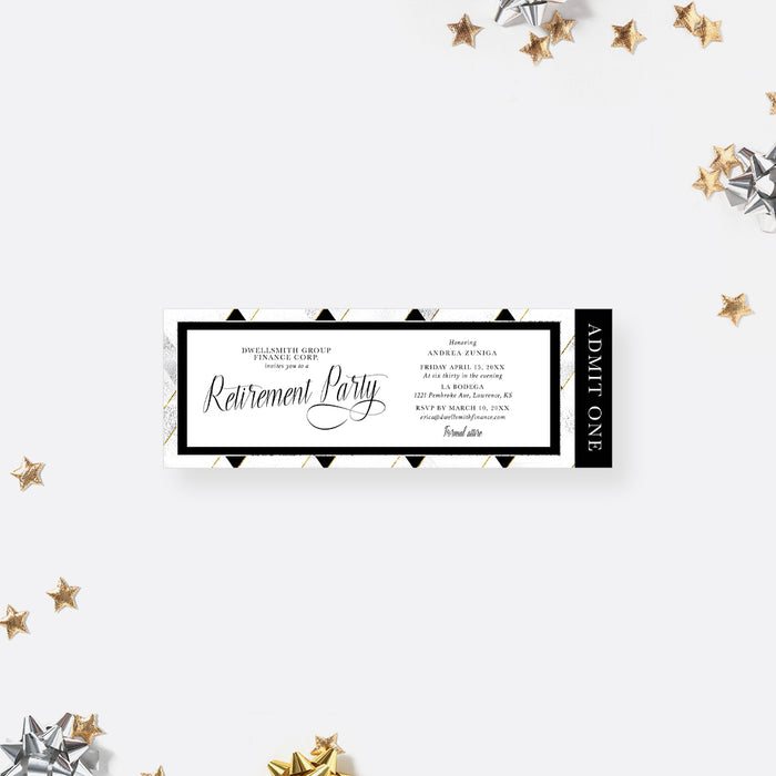 Printed Retirement Party Ticket Invitation Card with Plaid Pattern in Silver Gold and Black, Job Retirement Dinner Celebration Tickets, Retirement Luncheon Ticket Invites