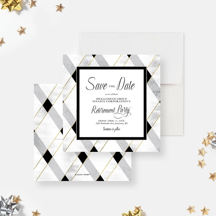 Retirement Save the Date Card with Plaid Pattern in Silver Gold and Black, Farewell Party Save the Dates, Retirement Luncheon Save the Date Card