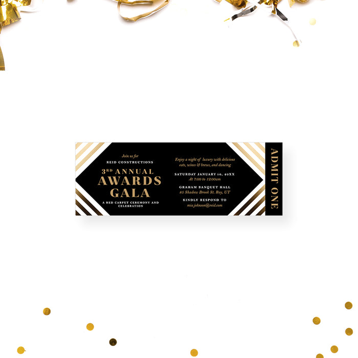 Tickets for Elegant Annual Awards Gala, Fundraising Party Admission Tickets in Black and Gold, Business Recognition Event VIP Ticket Invitations