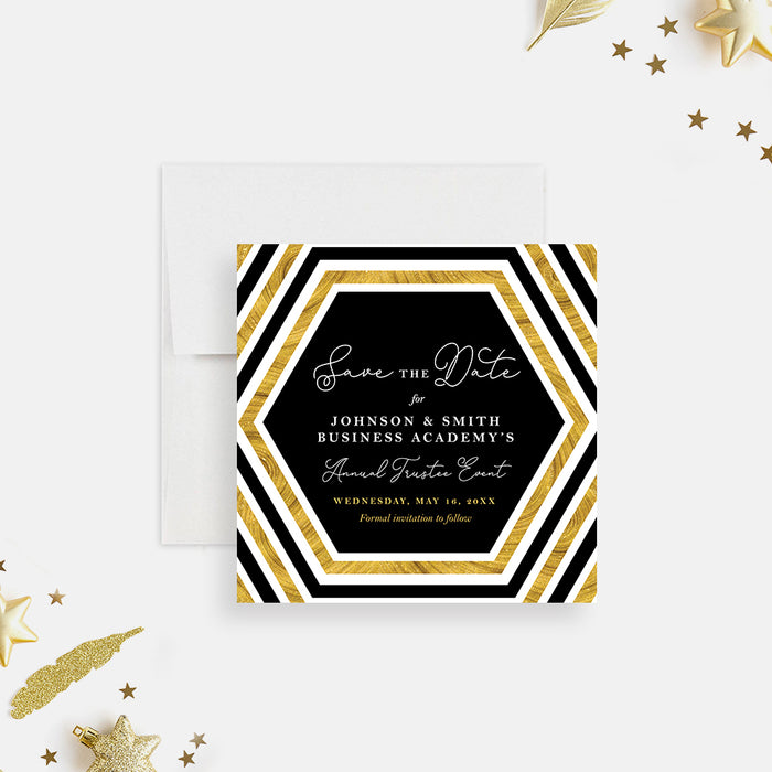 Black and Gold Save the Date Card for Annual Trustee Event with Hexagon Design, Elegant Save the Dates for Business Gala, Corporate Dinner Party Save the Dates