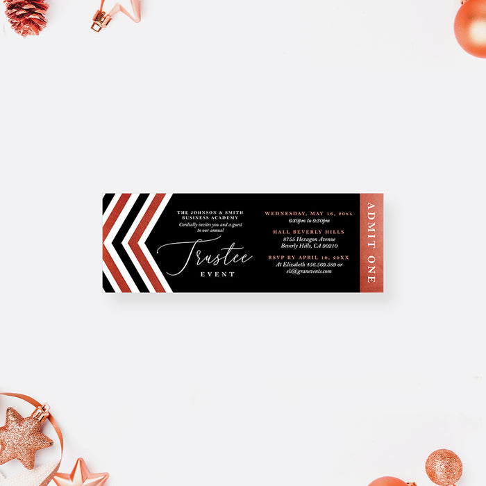 Rose Gold and Black Ticket Invitation for Trustee Event Party with Hexagon Design, Elegant Ticket Card for Retirement Party, Business Annual Gala Ticket Invites