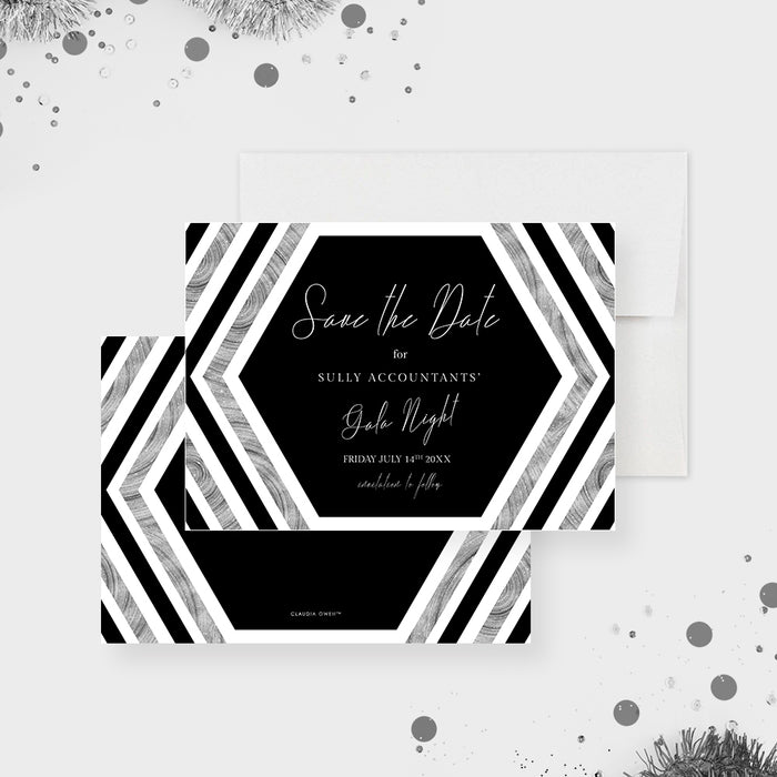 Silver and Black Save the Date Card for Gala Night with Hexagon Design, Save the Date for Company Anniversary Celebration, Elegant Save the Dates for Business Event
