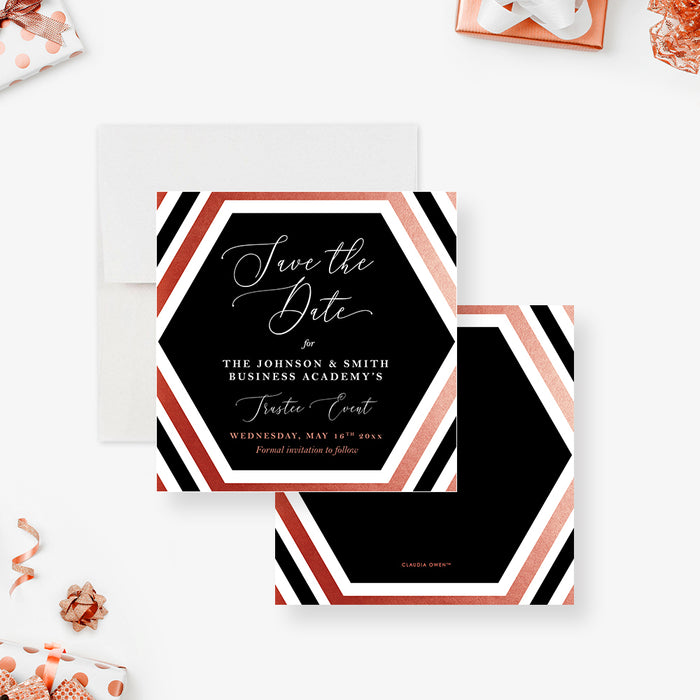 Rose Gold and Black Save the Date Card for Trustee Event Party with Hexagon Design, Business Event Dinner Party Save the Date, Corporate Dinner Save the Dates