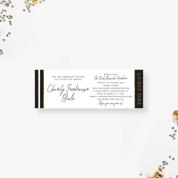 Formal Ticket Invitation for Charity Fundraiser Gala in Black and Gold with Geometric Pattern Design, Gala Night Party Ticket Invites, Charity Ball Ticket Card, Business Party Ticket