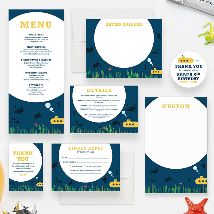 Under The Sea Invitation Card for Kids Birthday Party, Fun Submarine Invitation for 1st 2nd 3rd 4th 5th 6th Birthday Underwater Adventure, Ocean Themed Birthday Party for Boys