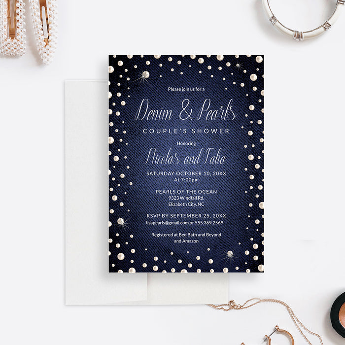 Denim and Pearls Party Invitation Editable Template Bundle, Digital Download Set, Bridal Shower Denim and Pearls Party Printables