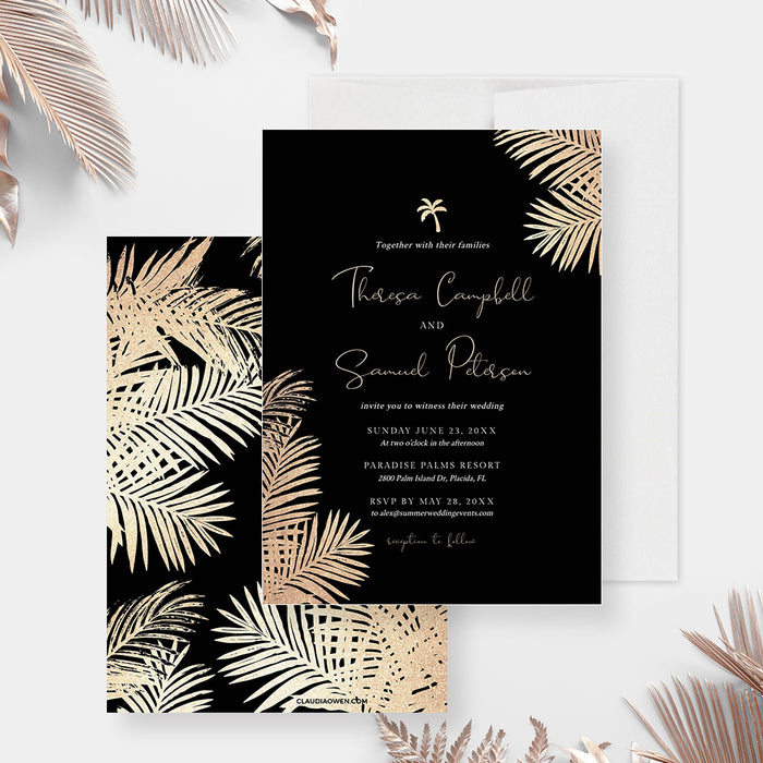 Palm Leaves Wedding Invitation Template, Tropical Wedding Black and Gold Invitation,  Elegant Summer Wedding Invites, Girls Bachelorette Weekend Invitations