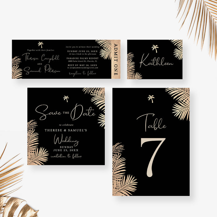 Black and Gold Wedding Invitation with Tropical Palm Leaves, Elegant Summer Wedding Engagement Invitation Card, Tropical Wedding Anniversary Invitation