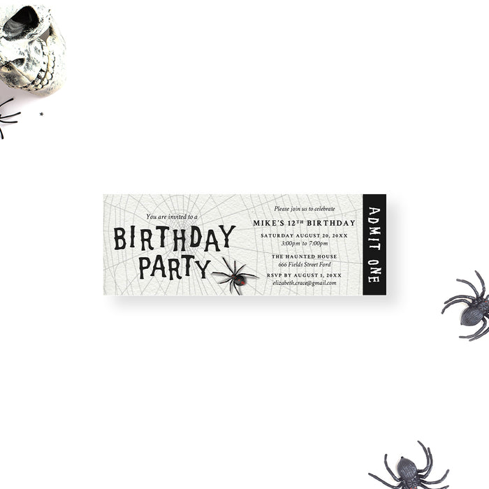 Eerie Ticket Invitation with Black Spider, Spooky Halloween Trick or Treat Ticket Invites, Scary Halloween Birthday Party Tickets for Kids with Spider Web