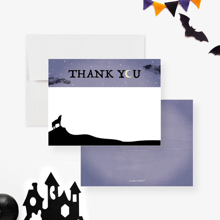 Personalized Note Card with Wolf Howling at the Moon, Halloween Costume Party Thank Yous, Werewolf Stationery, Spooky Thank You Card for Halloween Birthday Party