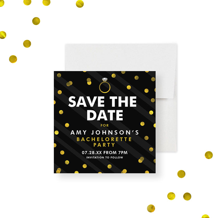 Bachelorette Party Save the Date Card with Gold Confetti and Diamond Ring, Hens Night Save the Date, Girls Night Out Bach Party Save the Dates