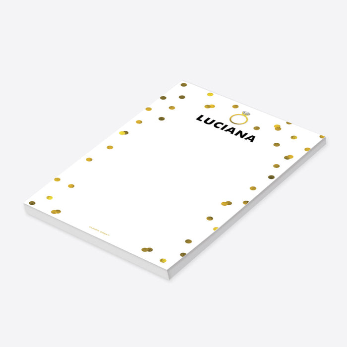 Personalized Notepad with Gold Confetti and Diamond Ring, Chic Bachelorette Party Writing Pad, Bridal Shower Gift for the Bride, Wedding Engagement Stationery Notepad