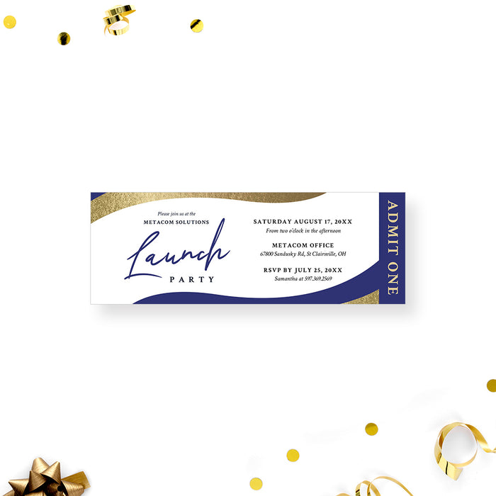 Blue and Gold Business Ticket Invites for Business Launch Party, Elegant Ticket for Business Grand Opening, Inaugural Ceremony Ticket Invitation