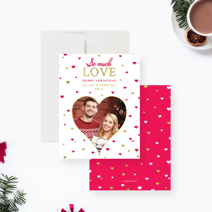 So Much Love Note Card with Mini Hearts Design, Merry Christmas Thank You Card with Photo, Personalized Christmas Card for Couples, Love Heart Holiday Note Cards