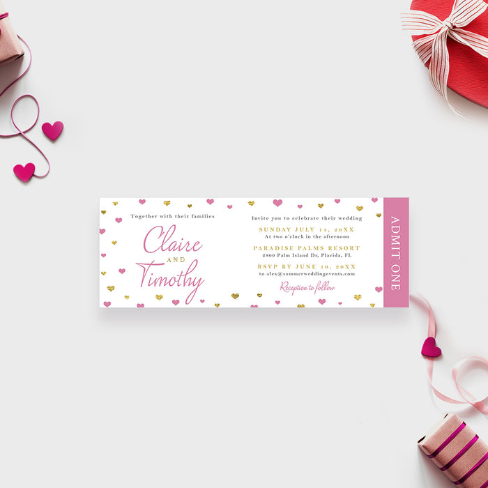 Love Heart Wedding Ticket Card in Pink and Gold, Cute Wedding Ticket Invitation, Pretty in Pink Bridal Shower Ticket