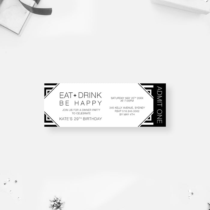 Eat and Drink Be Happy Birthday Ticket Invitation in Black and White, 30th 40th 50th 60th 70th Birthday Ticket Invites, Monochrome Ticket for Food and Drinks Celebration
