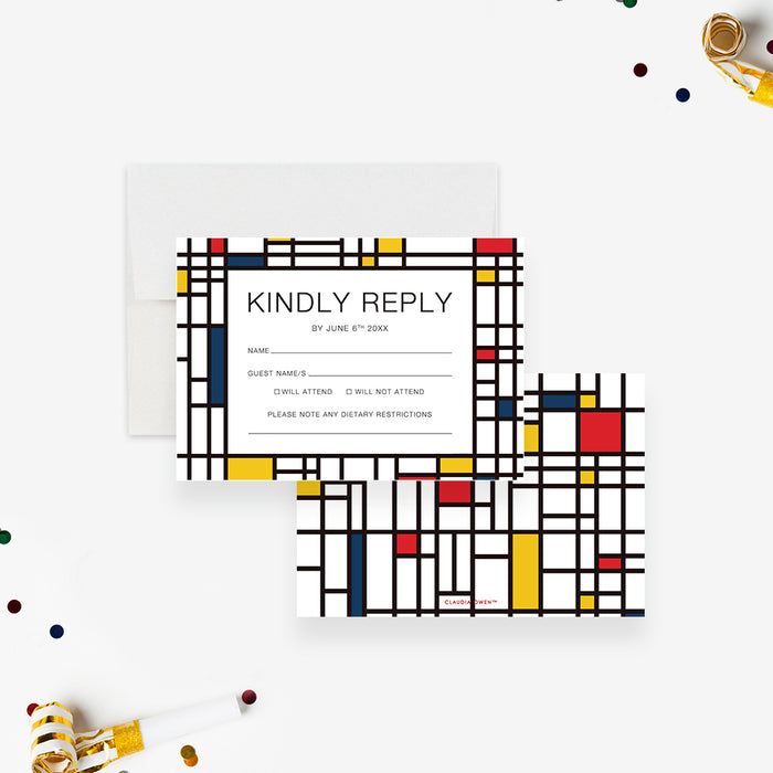 Mondrian Art Birthday Invitation Card, Colorful Invites for Art Gallery Opening, Artistic Invitation for Birthday Celebration